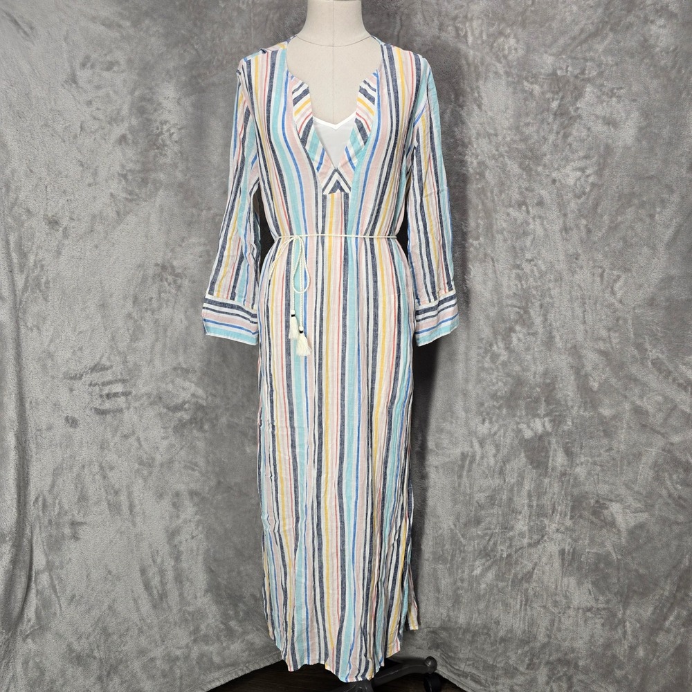Splendid Gray Malin Maxi Dress Women L Multi Stripe Linen Blend Coastal Boho Sun